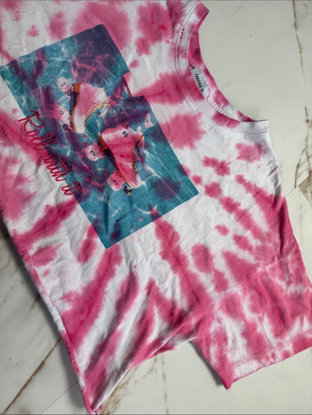 Forever21 X Moxi Skates Cropped Tie Dye Graphic Shirt Sz S Roller skate
